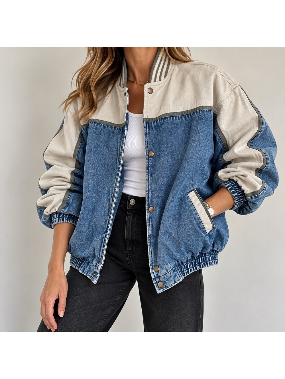 Vintage Denim Bomber Jacket Colorblock Nylon Sleeve Oversized XL